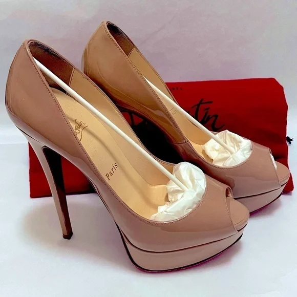 Christian Louboutin, Lady Peep 140 Nude Patent peep toe pump. EU 37.5 - Picture 6 of 13